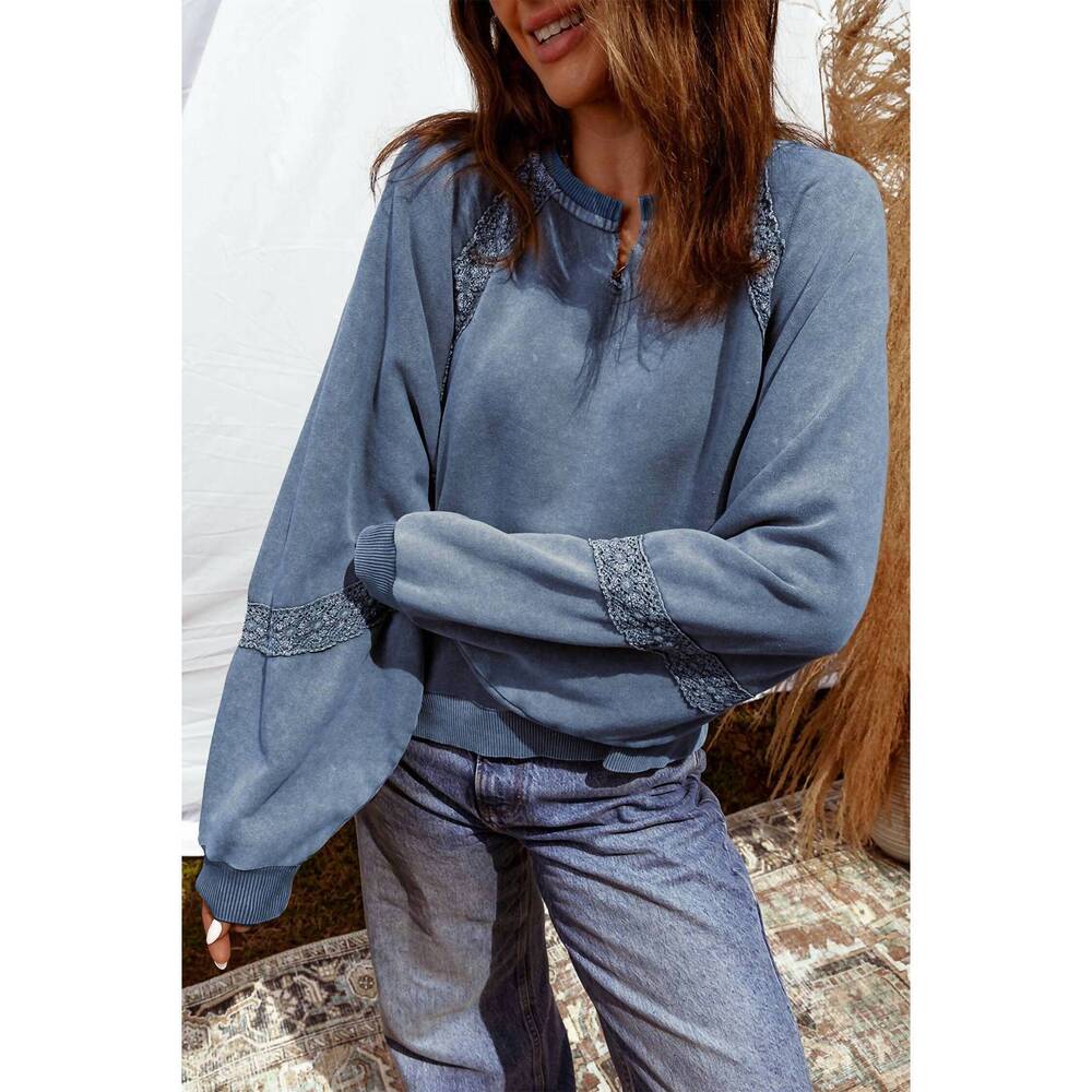 NEW HAZEL BLUES lace patchwork mineral wash sweatshirt in dusty blue